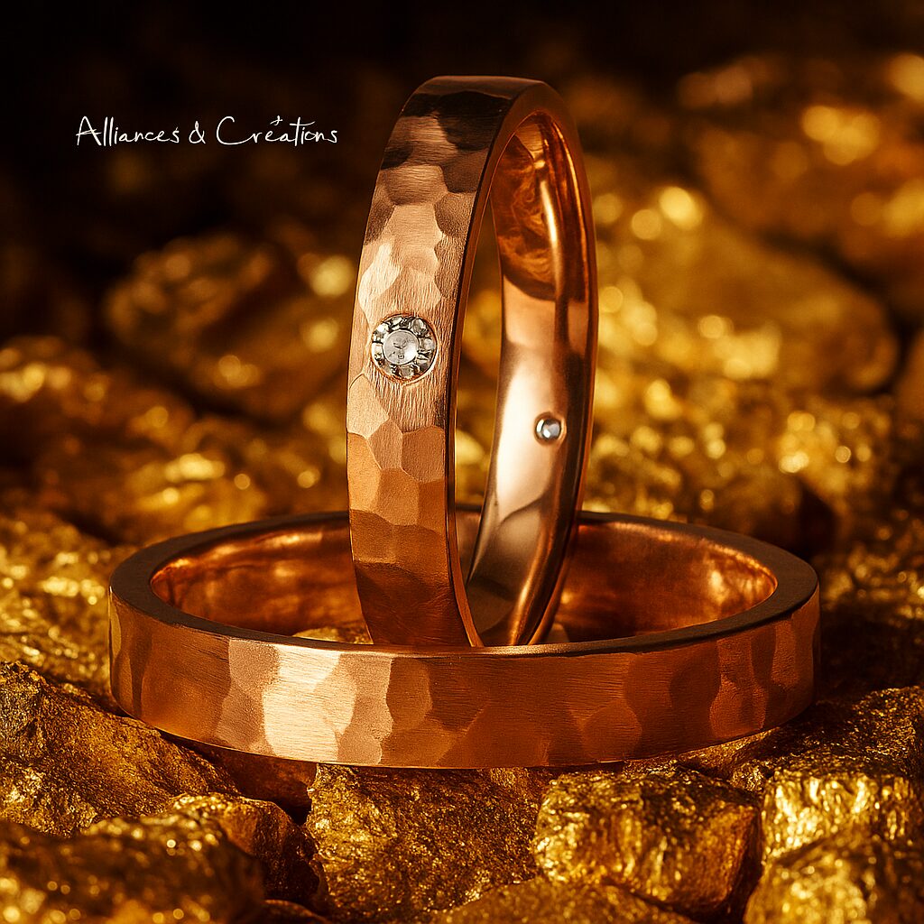 Alliances “Battement Rosé” en or rose martelé, diamants discrets