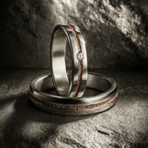 Alliances “Cœur Minéral” en or gris poli et or rose brut, diamant unique