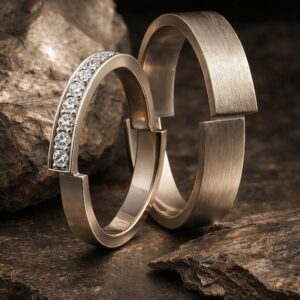 Alliances “Décalage Juste” en or gris, finitions mates et brillantes, demi-tour diamant