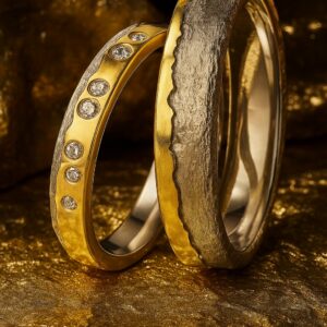 Alliances “Ligne Franche” en or gris brut et or jaune poli, diamants libres