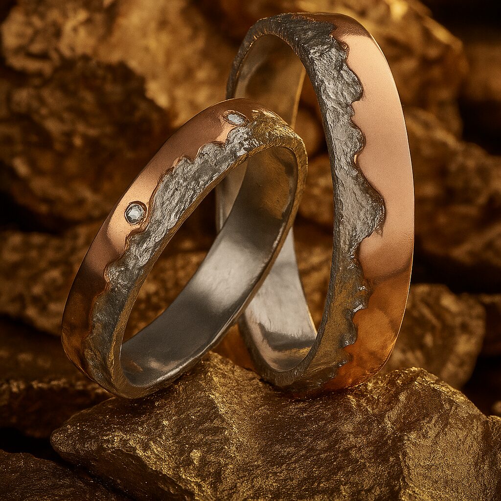 Alliances “Fusion Éternelle” en or rose poli et or blanc destructuré, diamants éclats