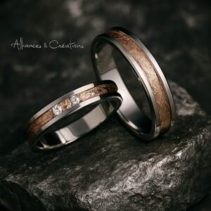 Alliances “Harmonie Précieuse” en or blanc poli et or rose brut, diamants trio