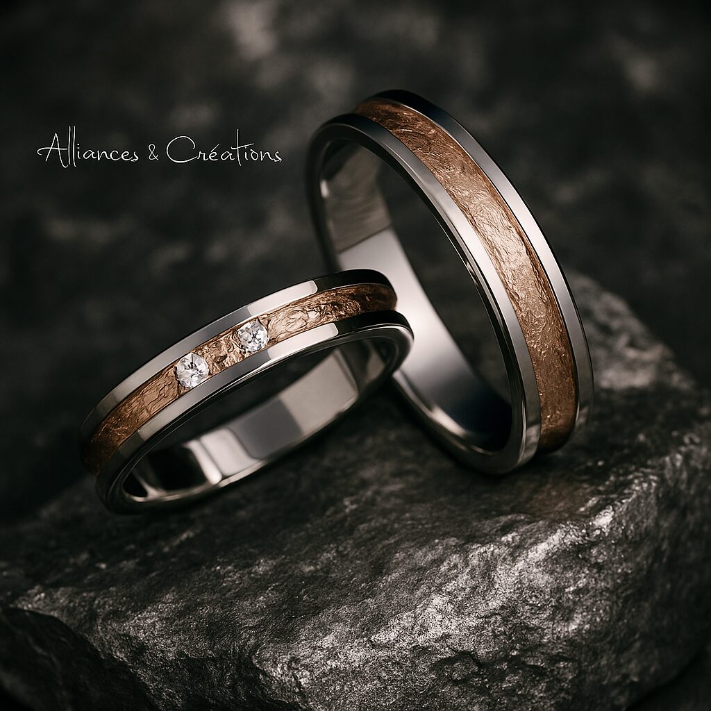 Alliances “Harmonie Précieuse” en or blanc poli et or rose brut, diamants trio