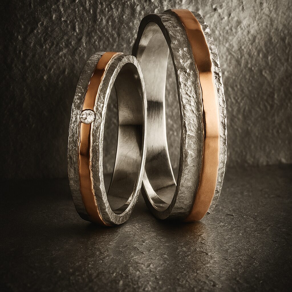 Alliances “Équilibre Sauvage” en or blanc brut et bandeau d’or rose décentré, diamant délicat