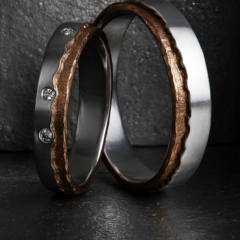 Alliances “Trait Libre” en or gris poli et or rose irrégulier, diamants ponctuels