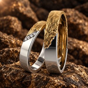 Alliances “Ligne d’Accord” en or gris poli et or jaune brut, diamants en diagonale