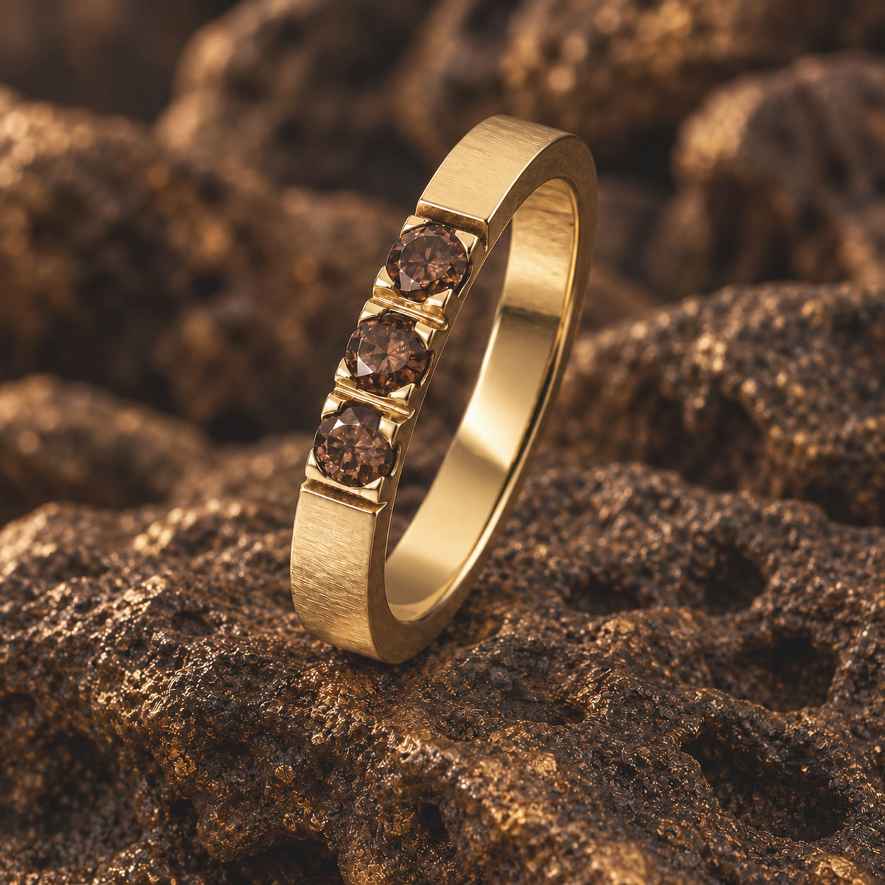 Bague “Trois Feux” en or jaune et diamants bruns