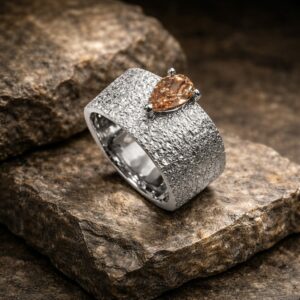 bague or gris brut et diamant poire brun