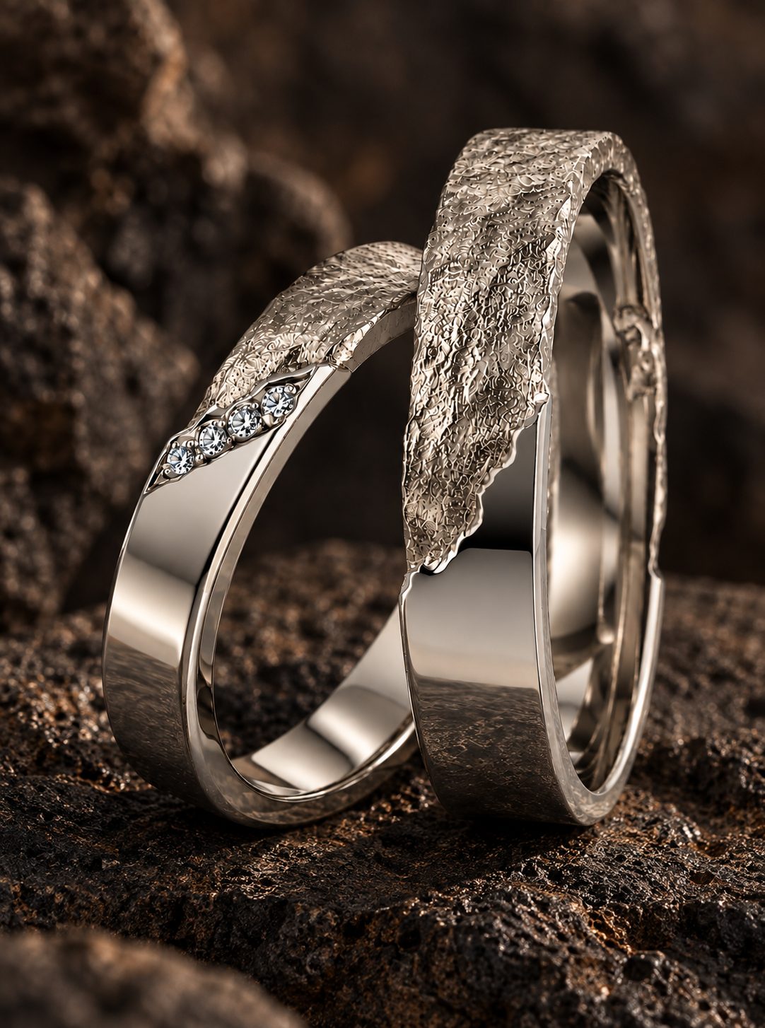 Alliances or gris brut et poli Frontière Brute avec diamants