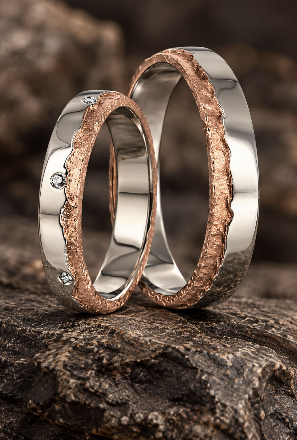 Alliances or gris poli et or rose irrégulier diamants Duo d'alliances en or gris poli et or rose irrégulier serti de diamants ponctuels