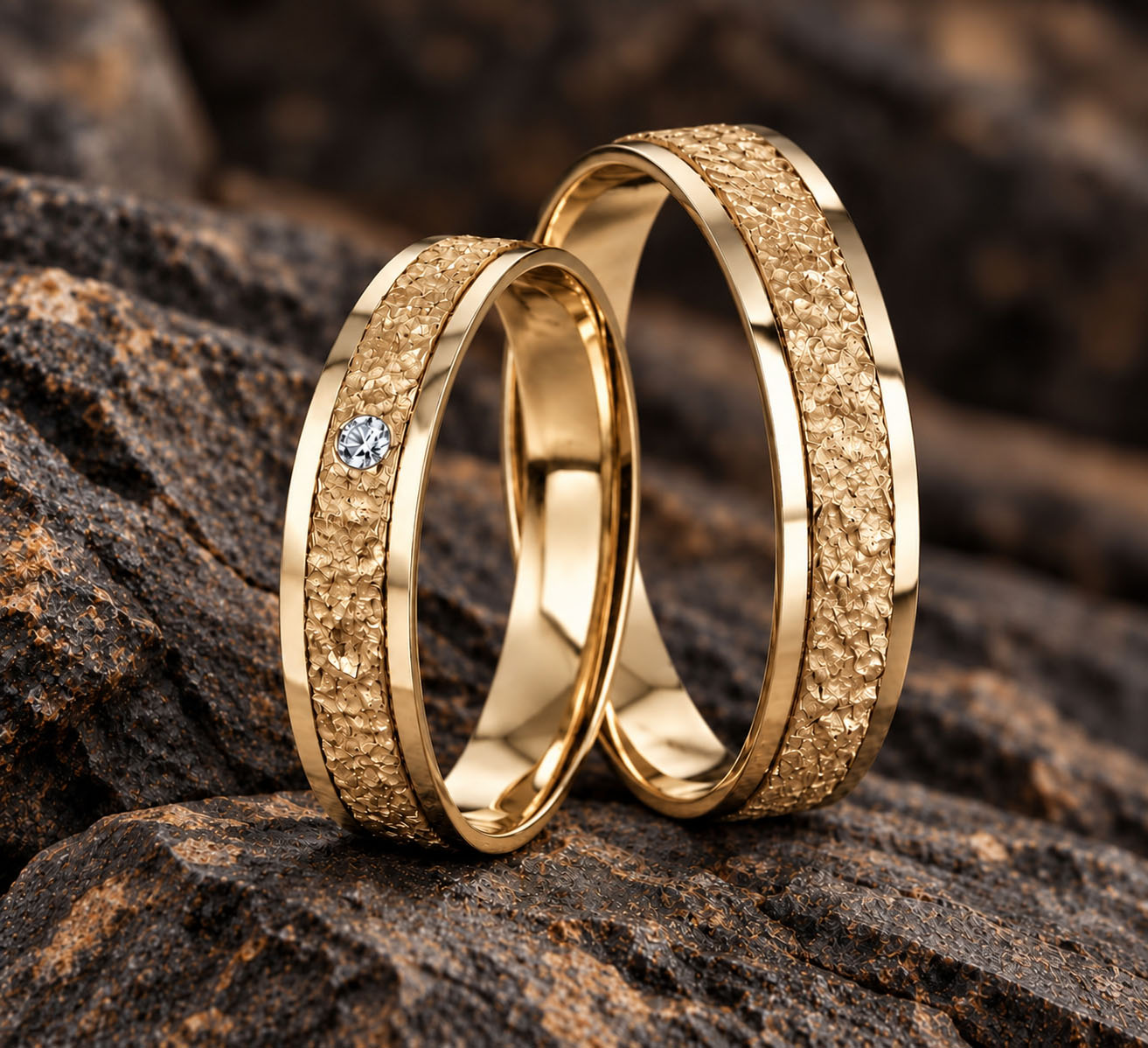 Duo d'alliances de mariage en or jaune brillant et brut serti d'un diamant