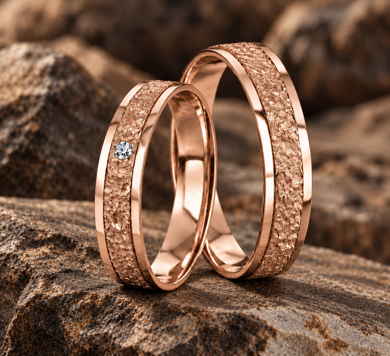 Duo alliances or rose brillant et brut avec diamant Duo d'alliances en or rose 18 carats finition brillante et brute avec diamant