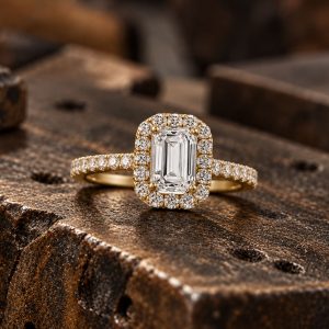 Bague de fiançailles Écrin de Lumière en or jaune avec diamant central taille émeraude, entourage de diamants et anneau serti.