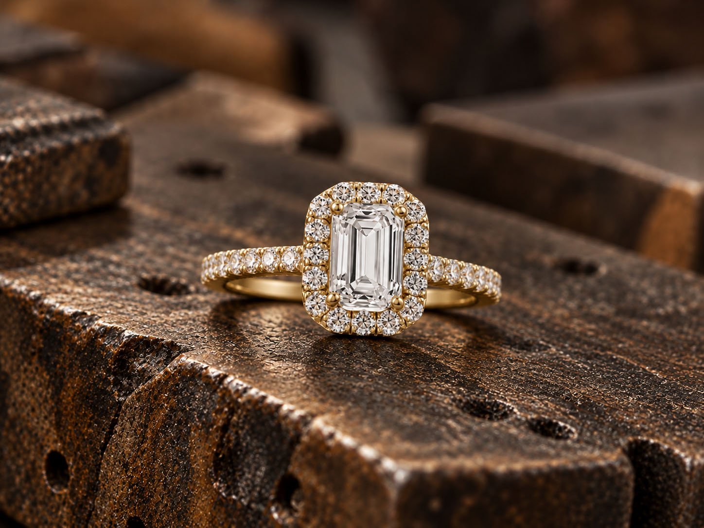 Bague de fiançailles Écrin de Lumière en or jaune avec diamant central taille émeraude, entourage de diamants et anneau serti.