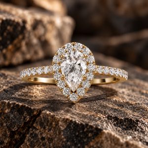 Bague de fiançailles poire pavée en or jaune, avec diamant central taille poire, entourage et anneau sertis de diamants – Vioz