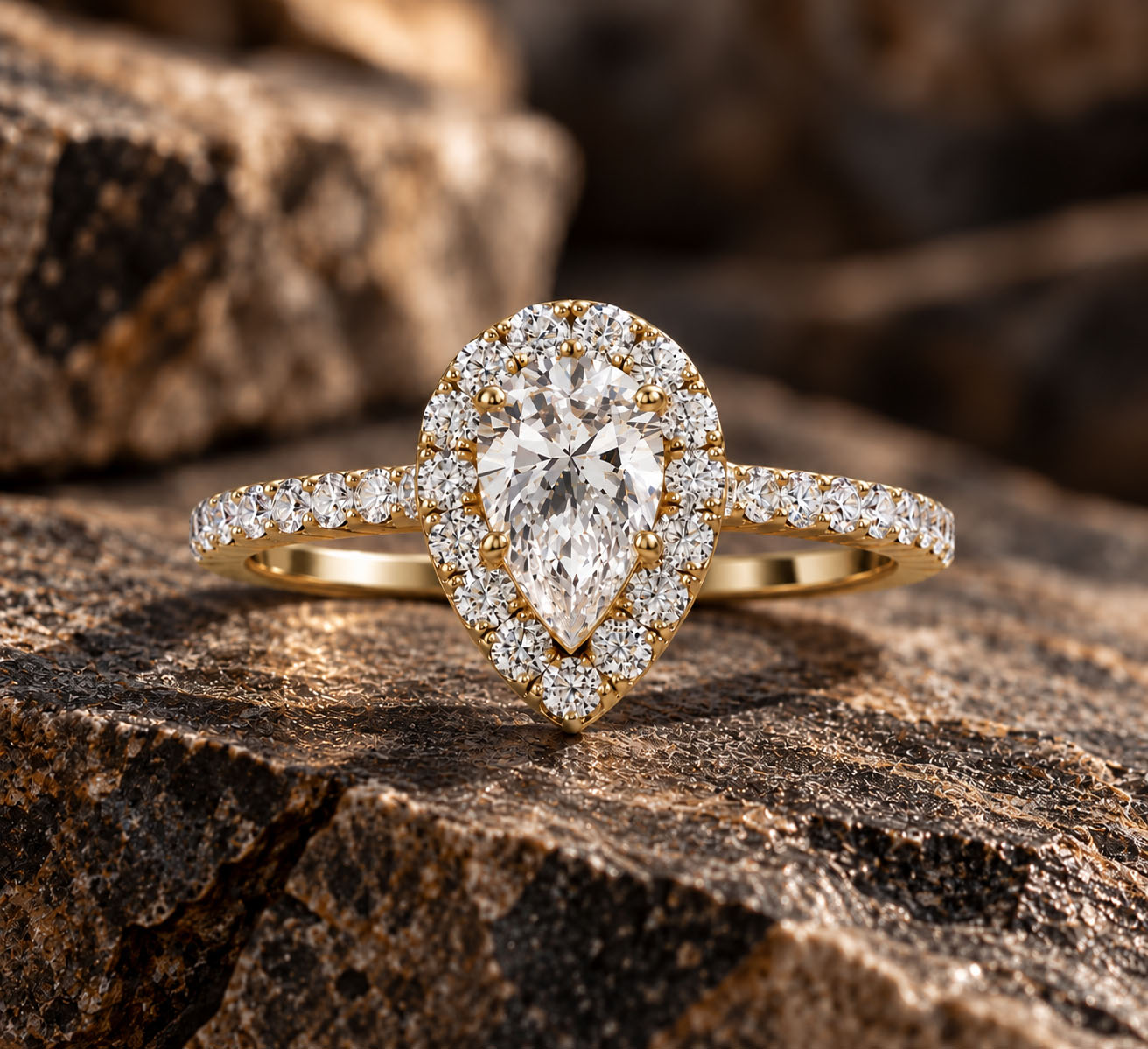 Bague de fiançailles poire pavée en or jaune, avec diamant central taille poire, entourage et anneau sertis de diamants – Vioz
