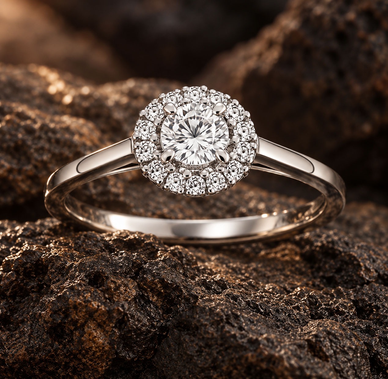 Solitaire Couronne de Clarté avec halo et pavage de diamants VIOZ Lyon