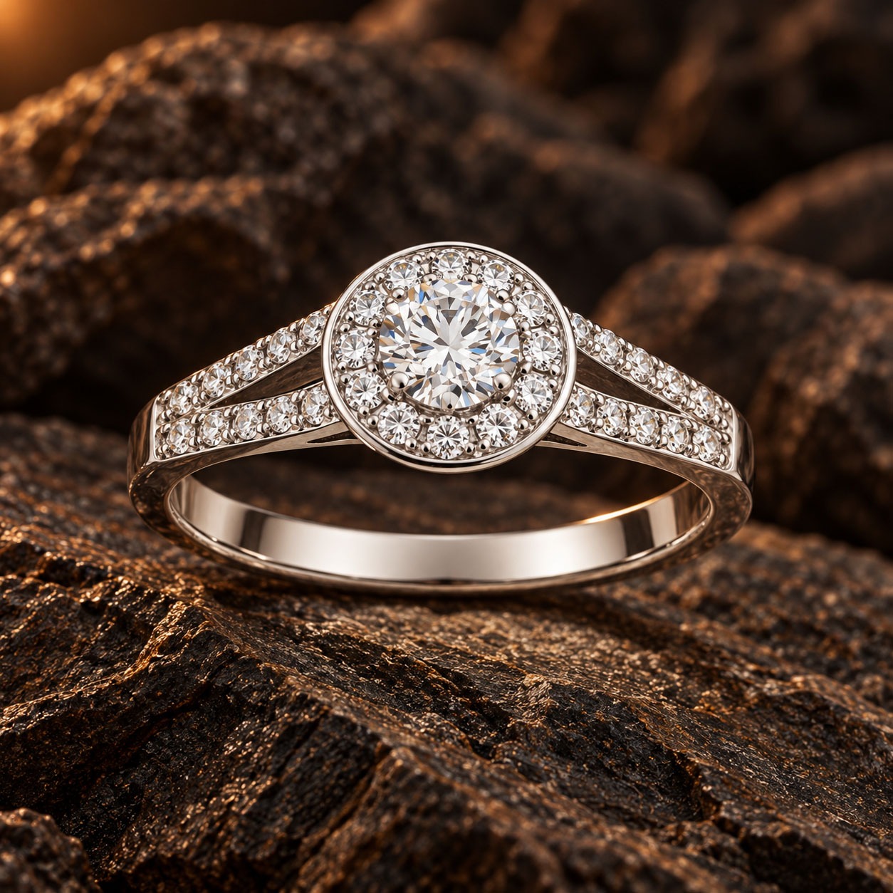 Solitaire Halo Exception en or gris et entourage pavé de diamants VIOZ Lyon
