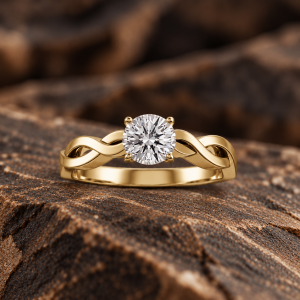 Bague de fiançailles or jaune torsadée Courbe d'Union avec diamant quatre griffes Vioz